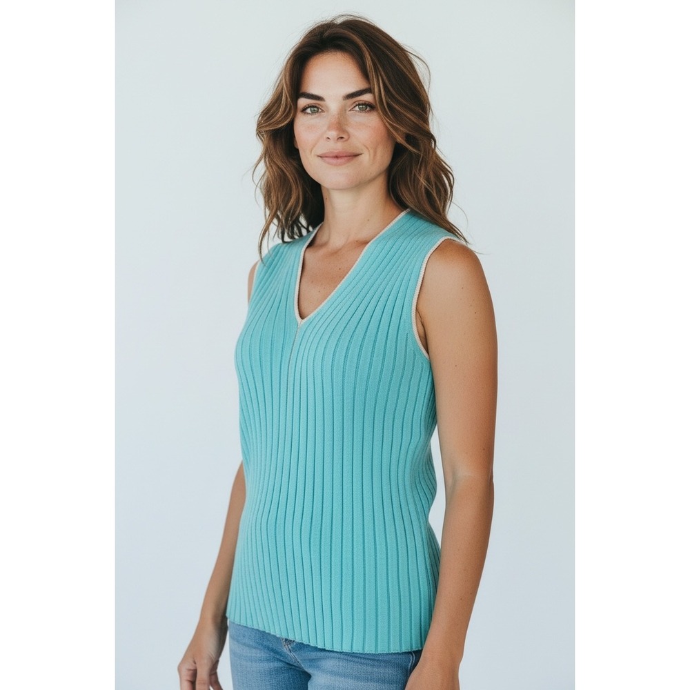 Akris Punto Caribbean Blue Ribbed Cashmere & Silk V-Neck Sleeveless Top NWT 14